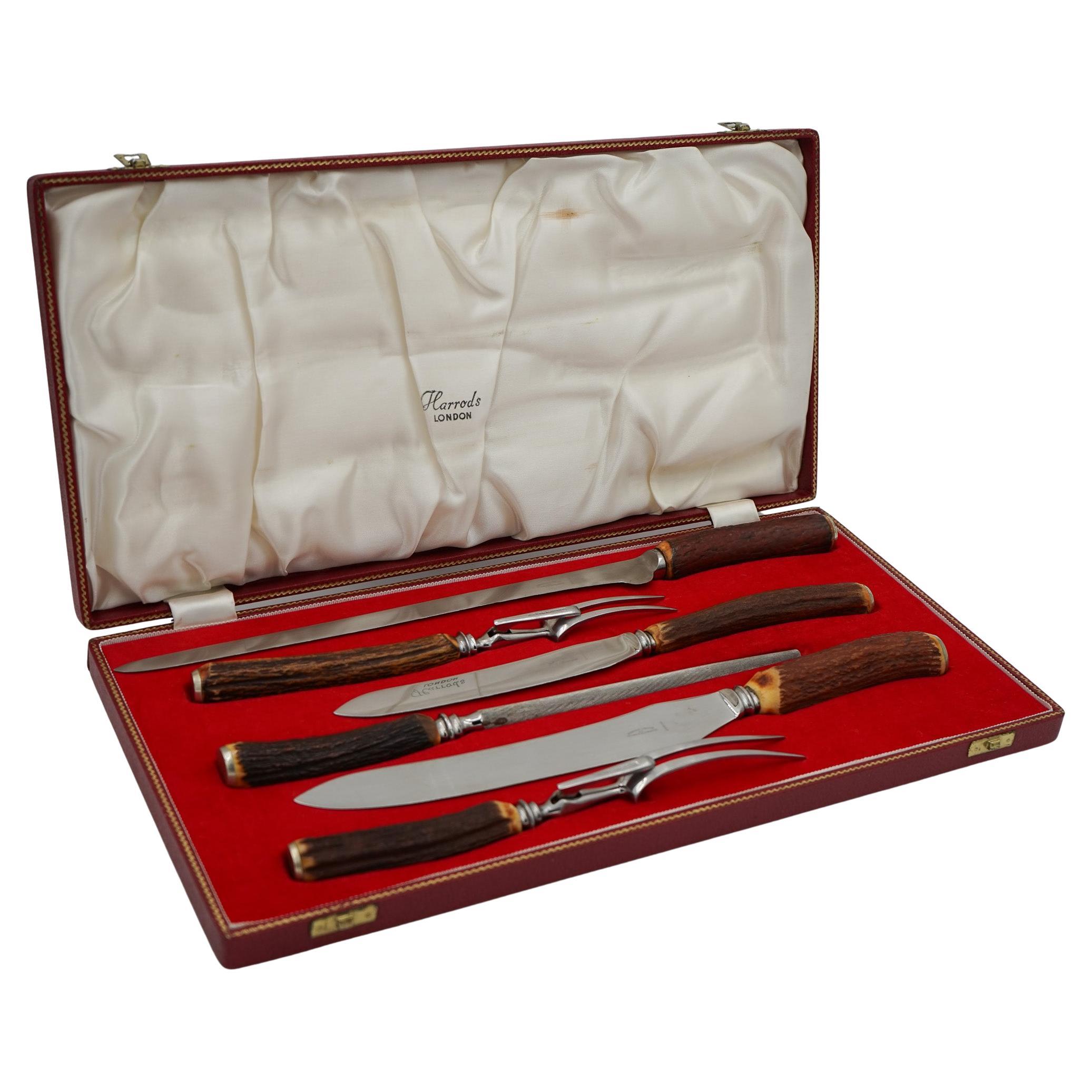 VINTAGE HARRODS LONDON STAG HANDLE SET DE TALLER DE ACERO INOXIDABLE EN CAJA ROJA
