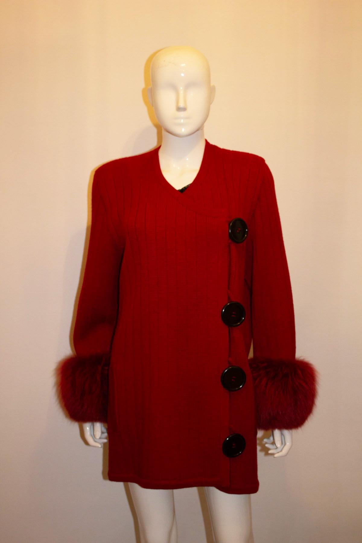 Vintage Harrods Red Wool Knit Jacket with Fox Cuffs In Good Condition For Sale In London, GB