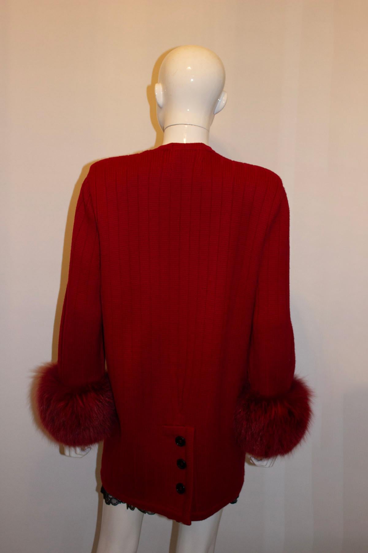 Women's Vintage Harrods Red Wool Knit Jacket with Fox Cuffs For Sale