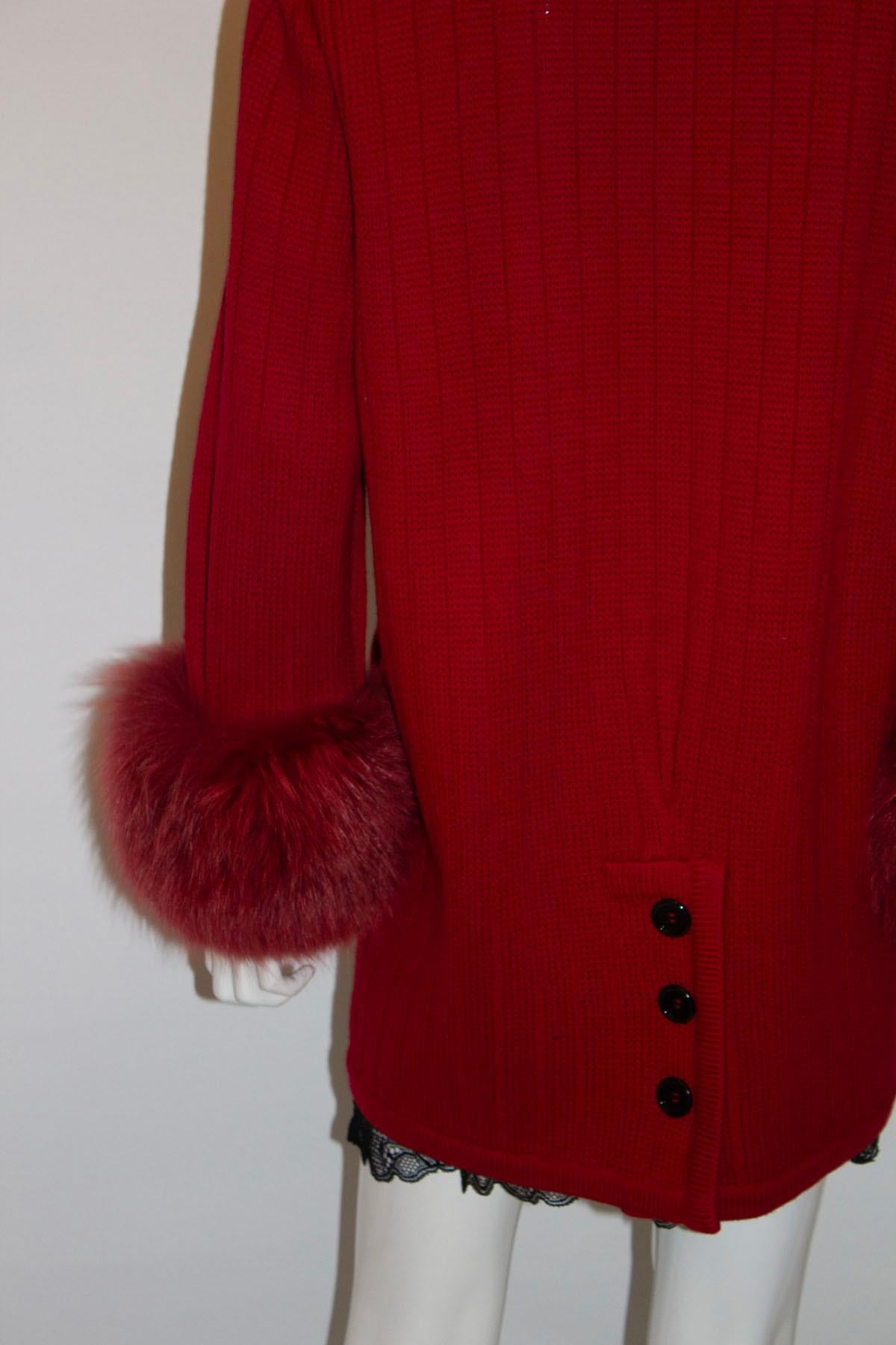 Vintage Harrods Red Wool Knit Jacket with Fox Cuffs For Sale 1
