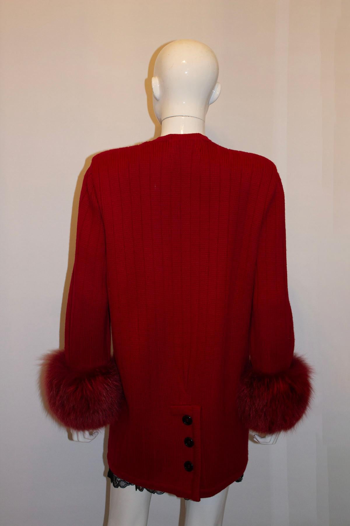 Vintage Harrods Red Wool Knit Jacket with Fox Cuffs For Sale 2