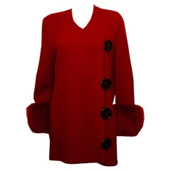 Vintage Harrods Red Wool Knit Jacket with Fox Cuffs