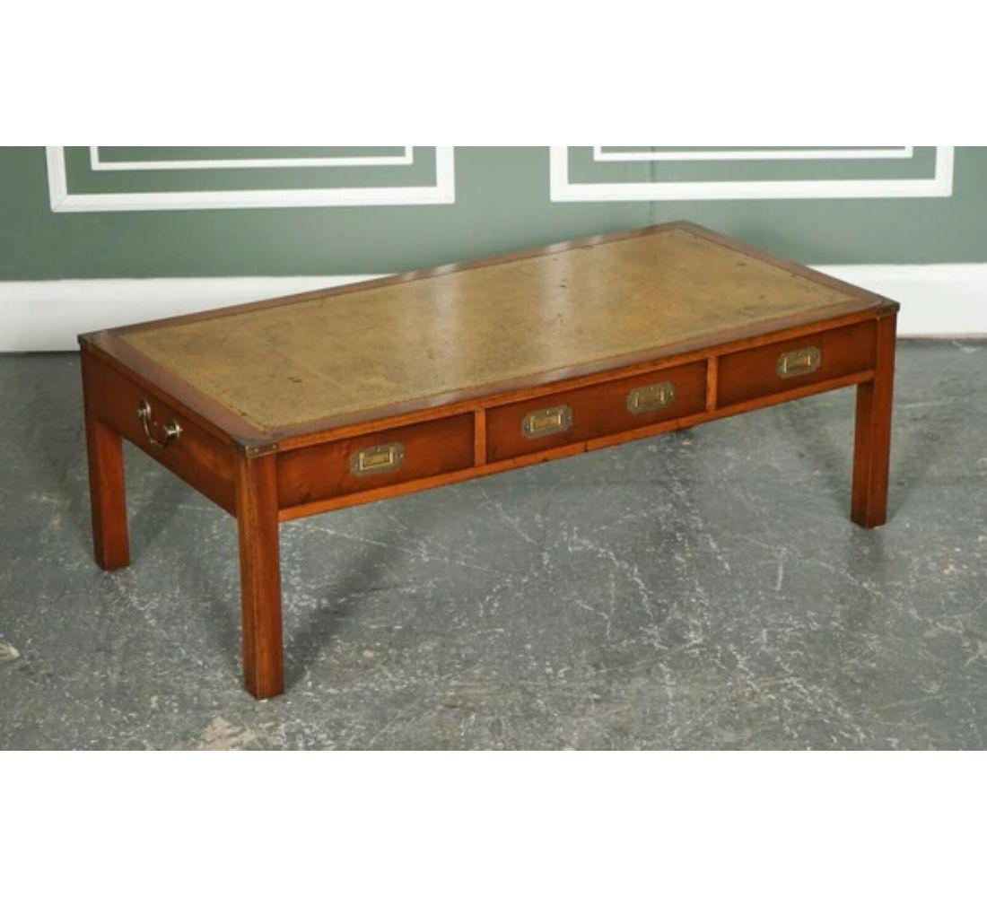 We are delighted to offer for sale this Stunning Yew Wood Military Campaign coffee table with a leather top.

The coffee table still has the original aged inlaid green leather top with lovely golden embossing.

A timeless piece of furniture that