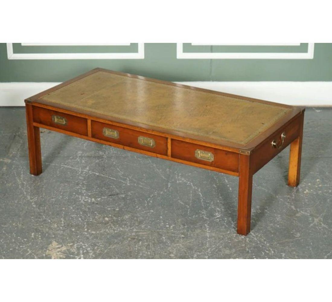 Hand-Crafted Vintage Harrods Yew Wood Military Campaign Coffee Table with Embossed Leather For Sale