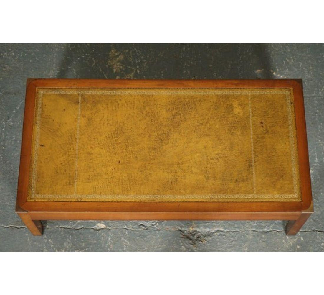 Vintage Harrods Yew Wood Military Campaign Coffee Table with Embossed Leather In Good Condition For Sale In Pulborough, GB