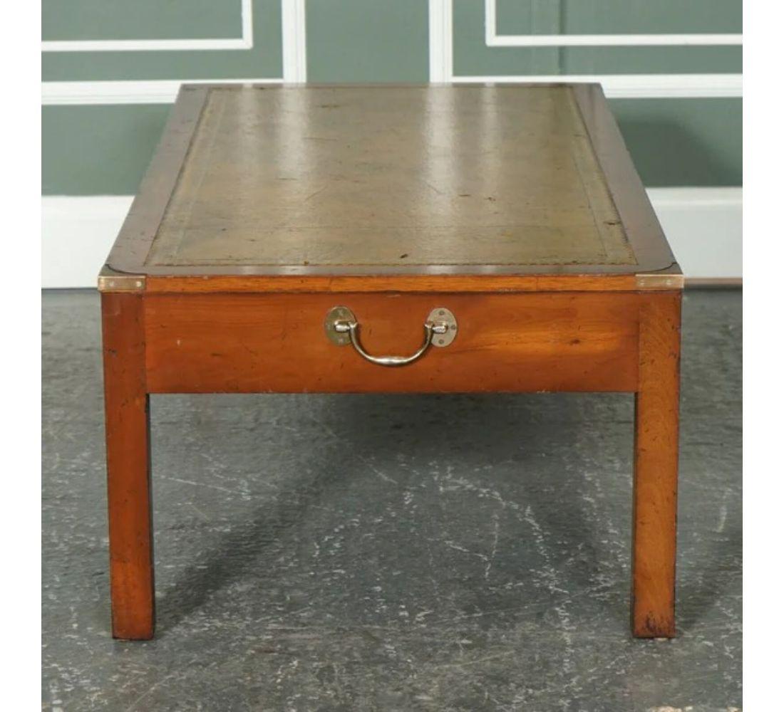 Vintage Harrods Yew Wood Military Campaign Coffee Table with Embossed Leather For Sale 1