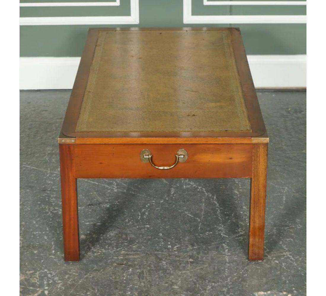Vintage Harrods Yew Wood Military Campaign Coffee Table with Embossed Leather For Sale 2