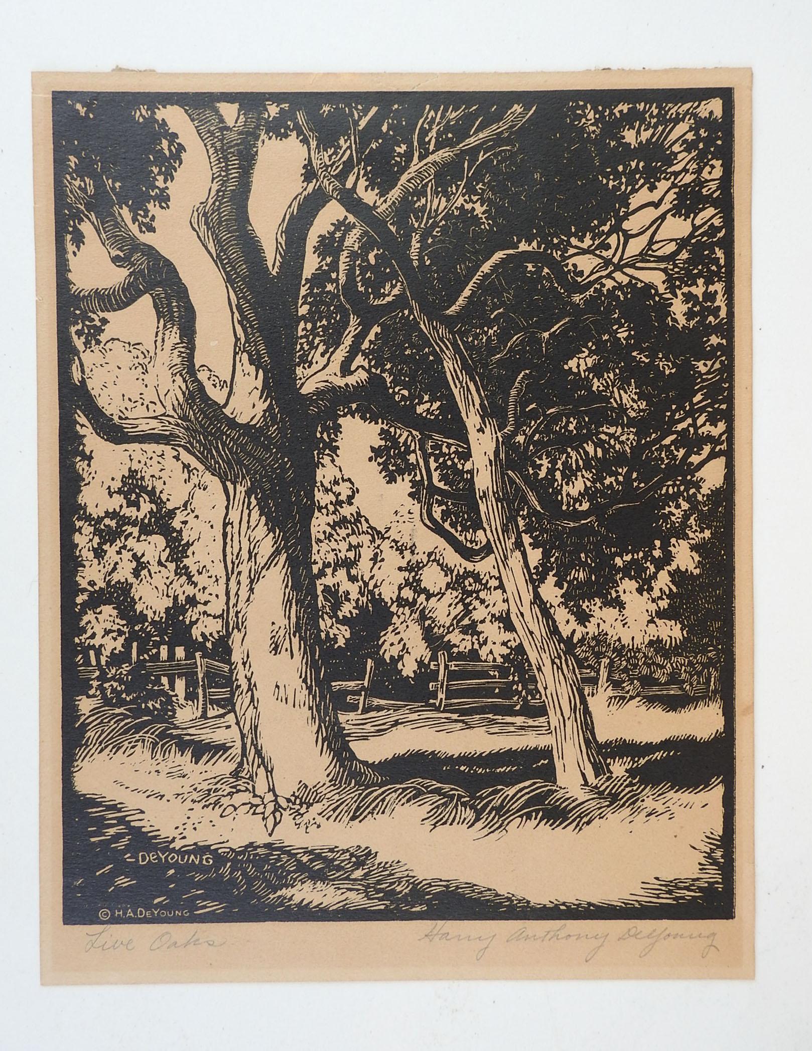 Arts and Crafts Vintage Harry Anthony DeYoung Live Oaks Block Print For Sale