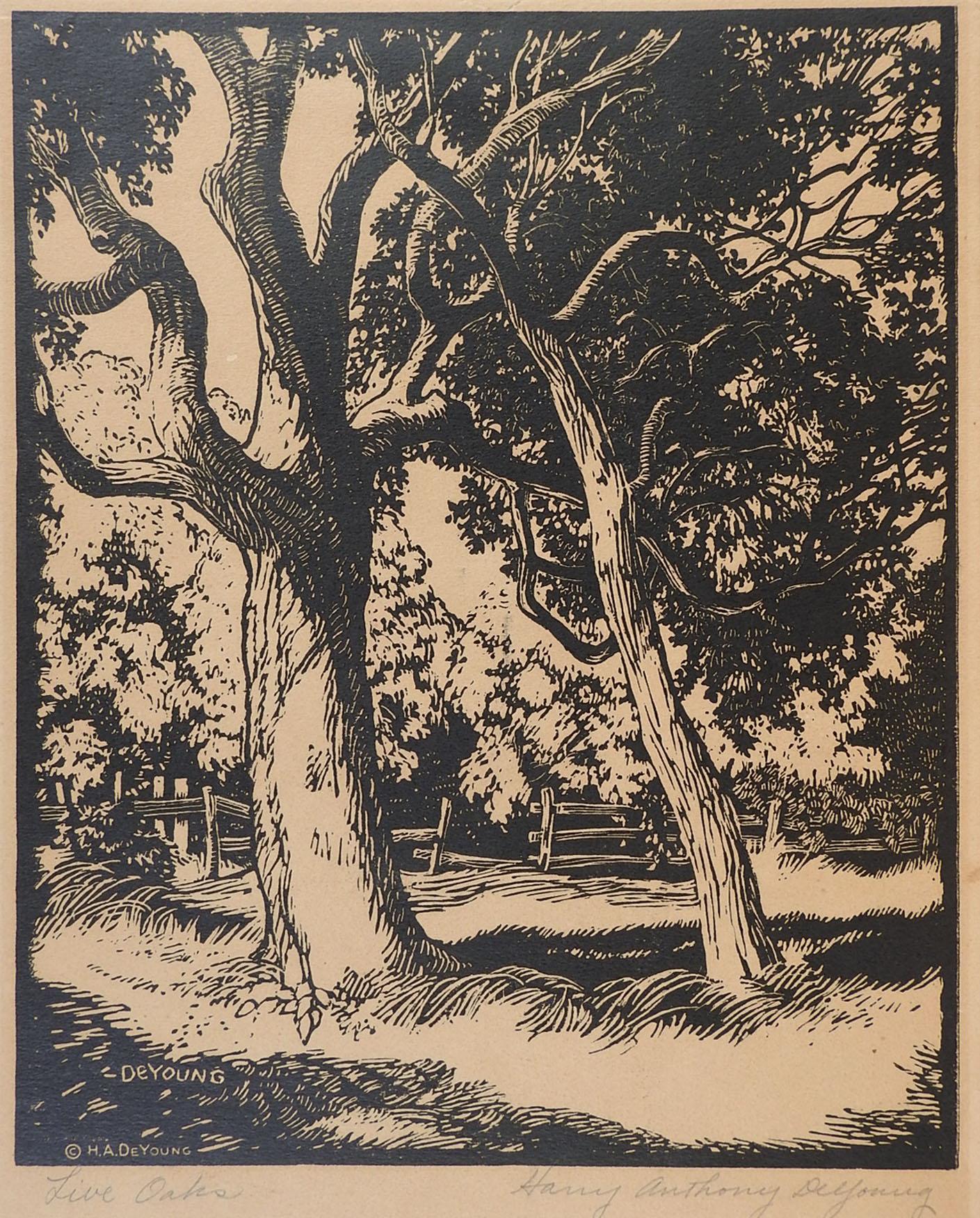 American Vintage Harry Anthony DeYoung Live Oaks Block Print For Sale