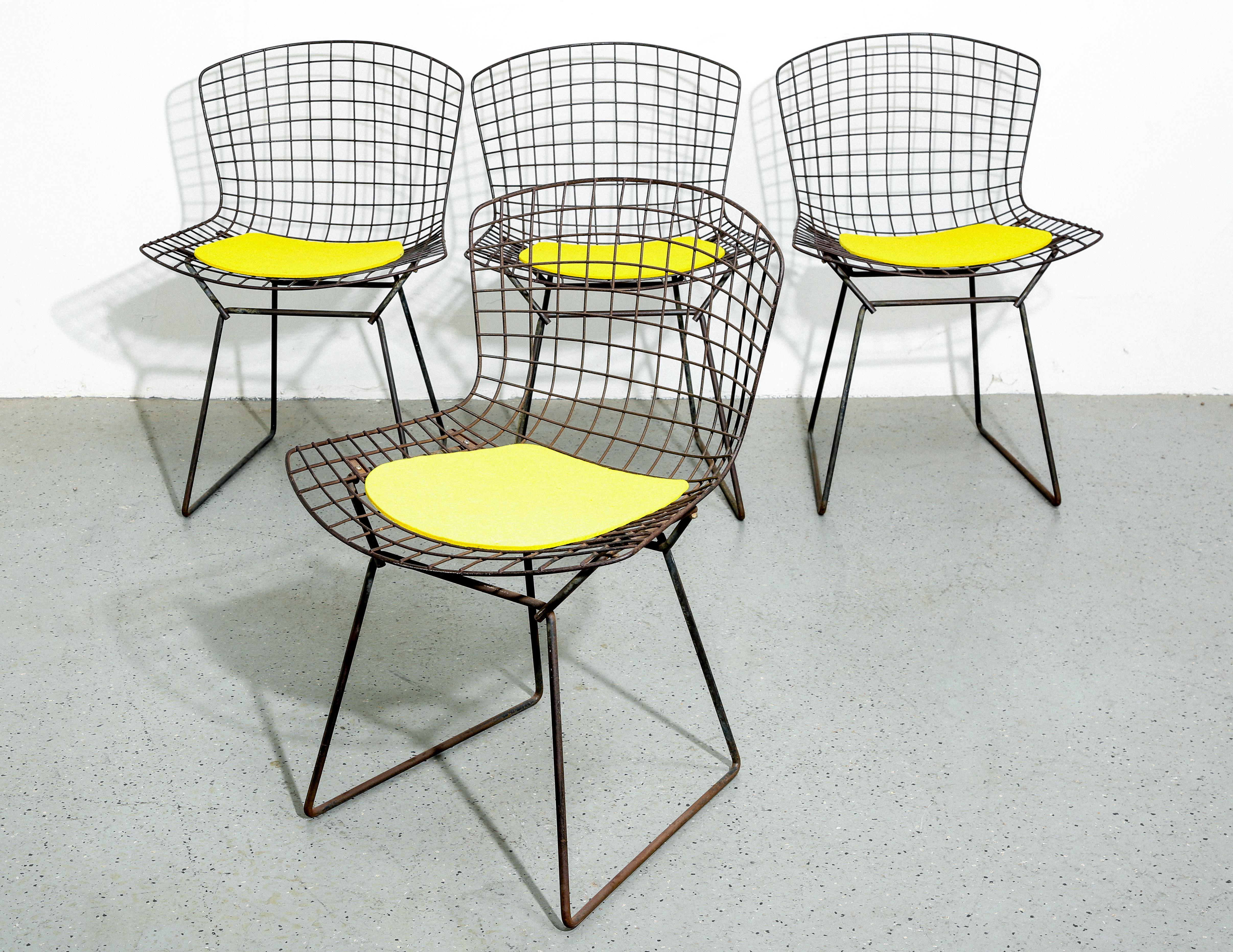 Set of 4 Vintage Harry Bertoia Chairs with Yellow Seat Cushions for Knoll 1
