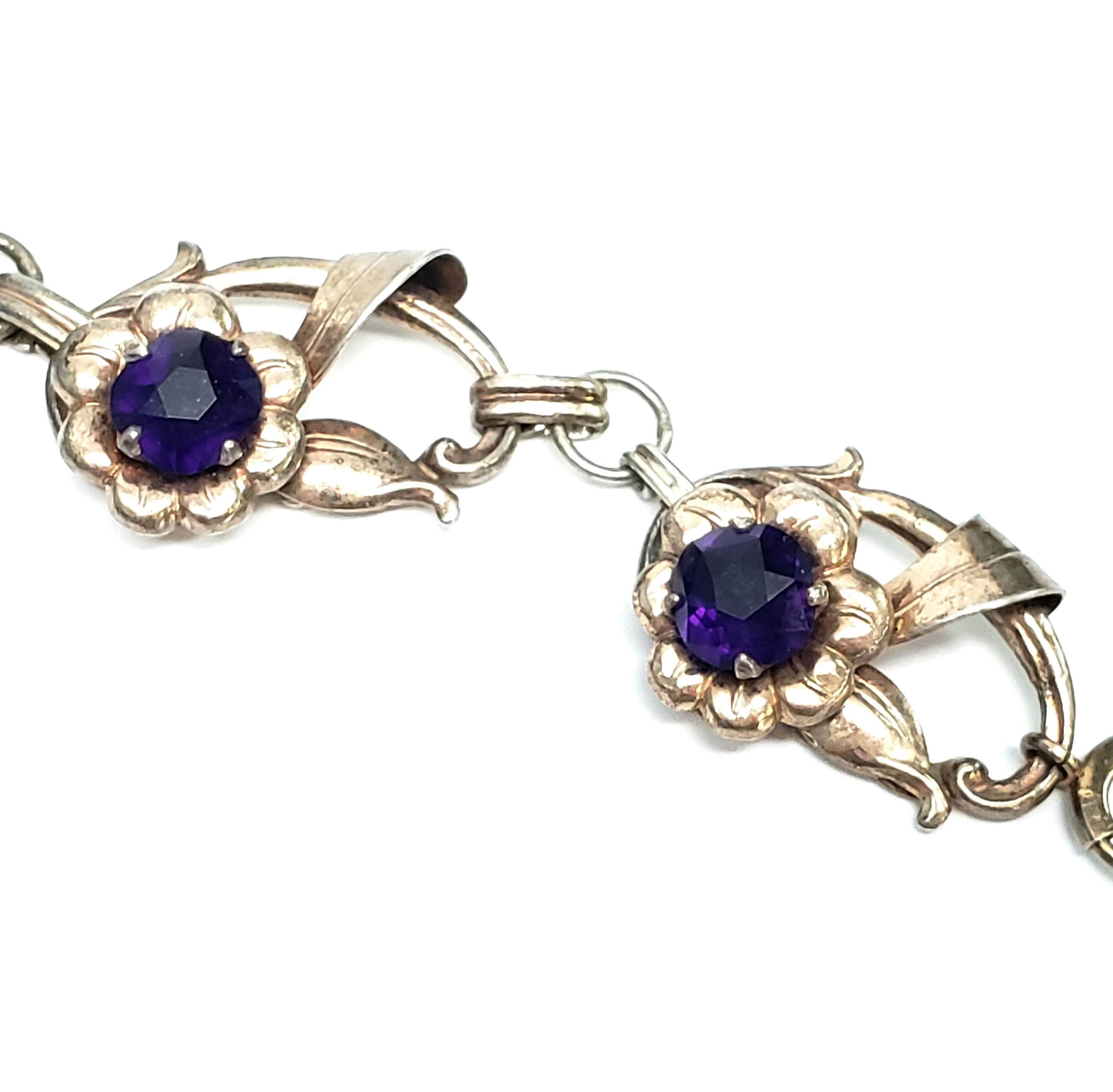 Vintage Harry Iskin Gold Vermeil over Ster Silver Purple Flower Bracelet 1