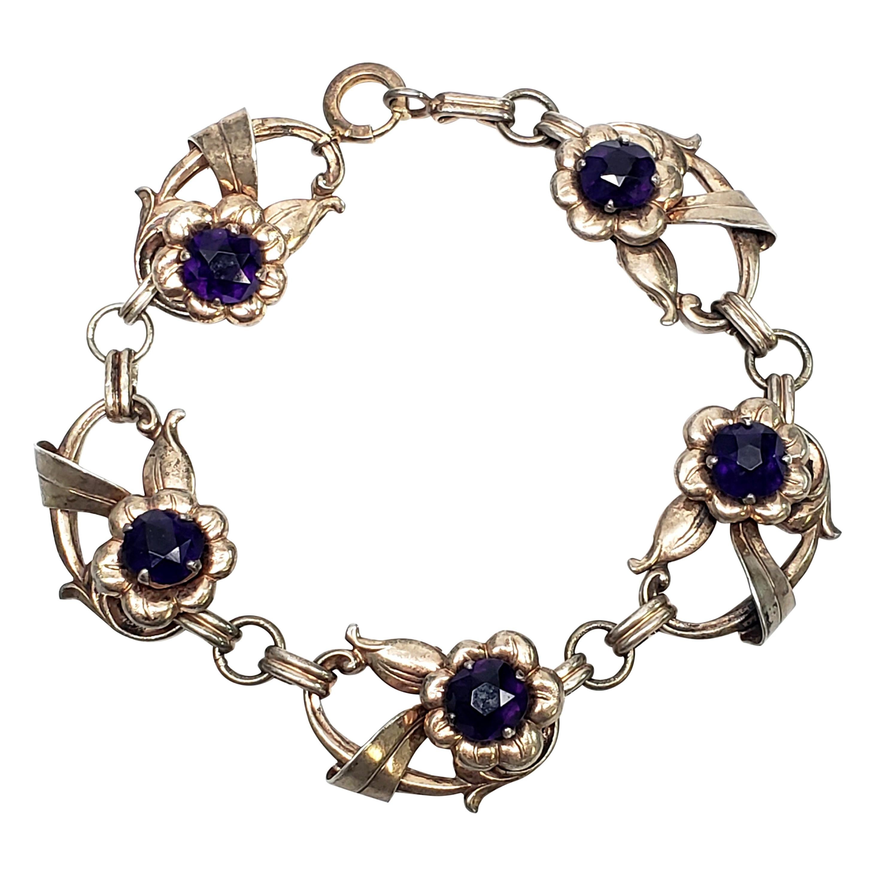 Vintage Harry Iskin Gold Vermeil over Ster Silver Purple Flower Bracelet