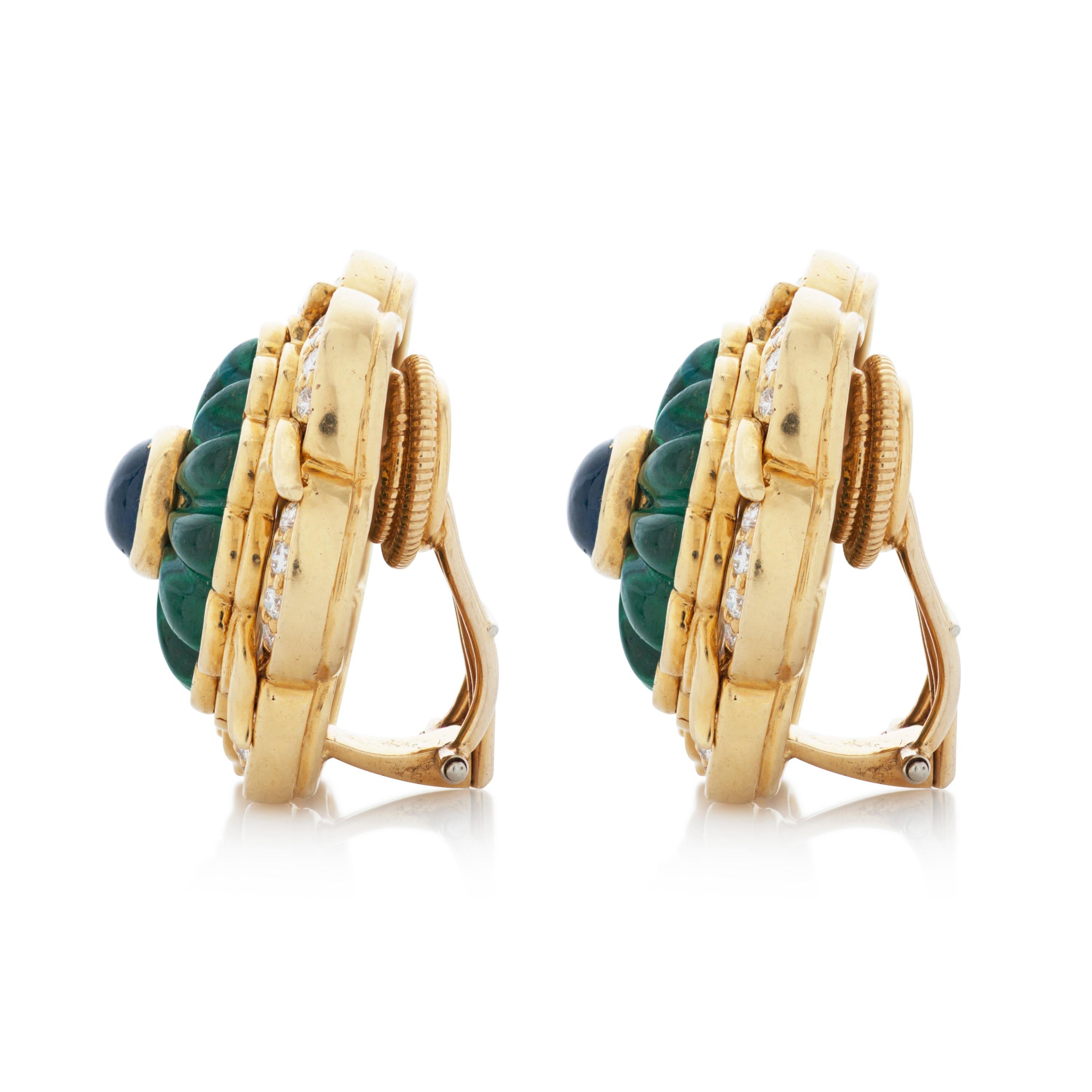 Round Cut Vintage Harry Winston Diamond, Sapphire & Malachite Earrings in 18k Yellow Gold