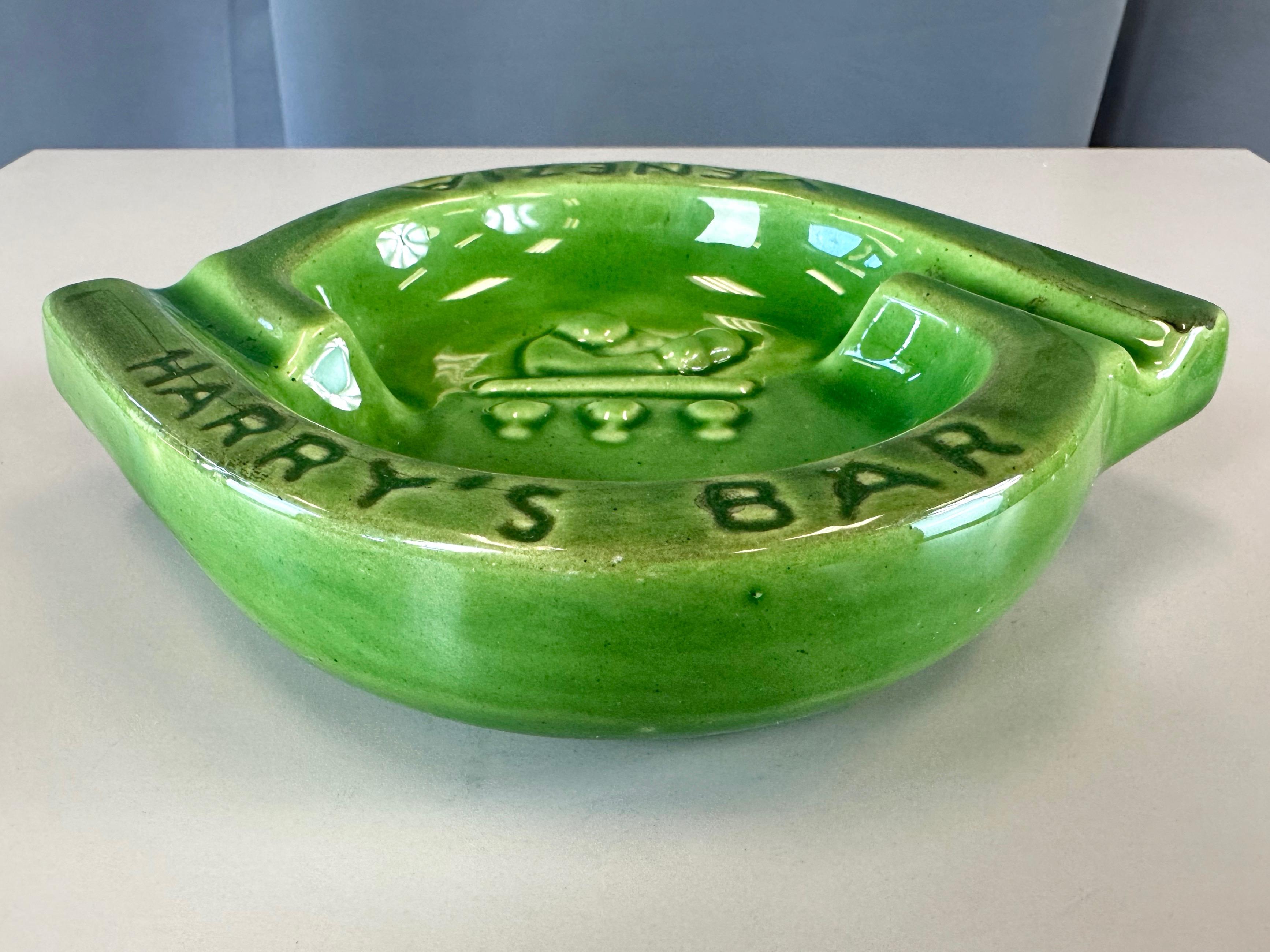 Italian Vintage Harry’s Bar Venezia Green Ceramic Ashtray, 1960s