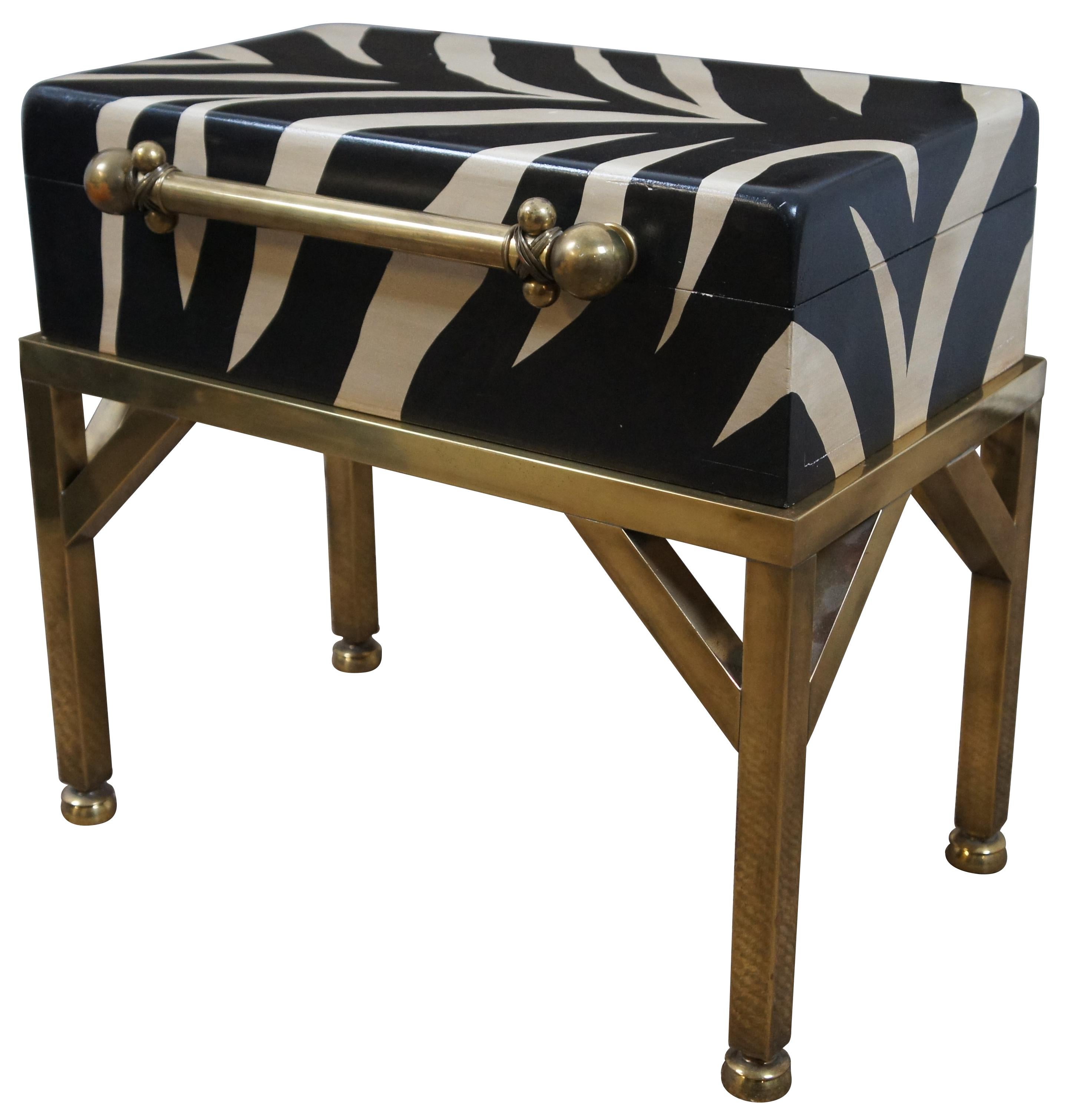 Vintage Hart Associates lidded keepsake storage box side or end table featuring a zebra patterned rectangular chest on stand with tubular brass bar along the front. Measure: 21