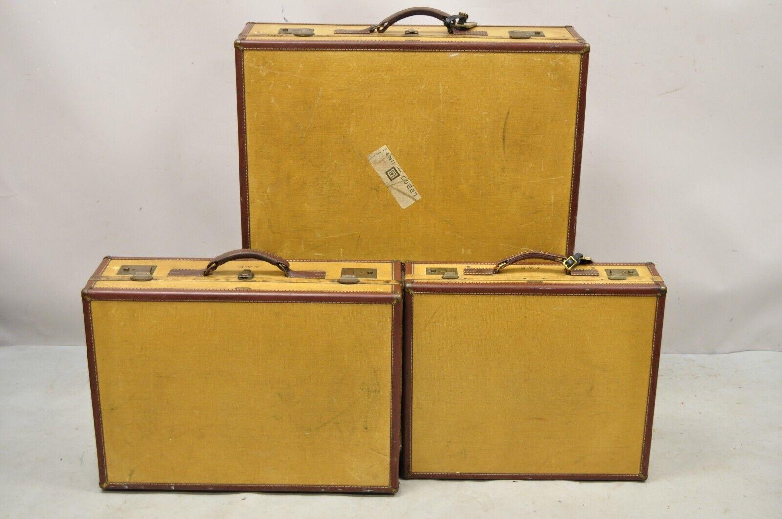 Vintage Hartman Skymate Tan Hard Case Leather Suitcase Luggage, 3 Pc Set 2