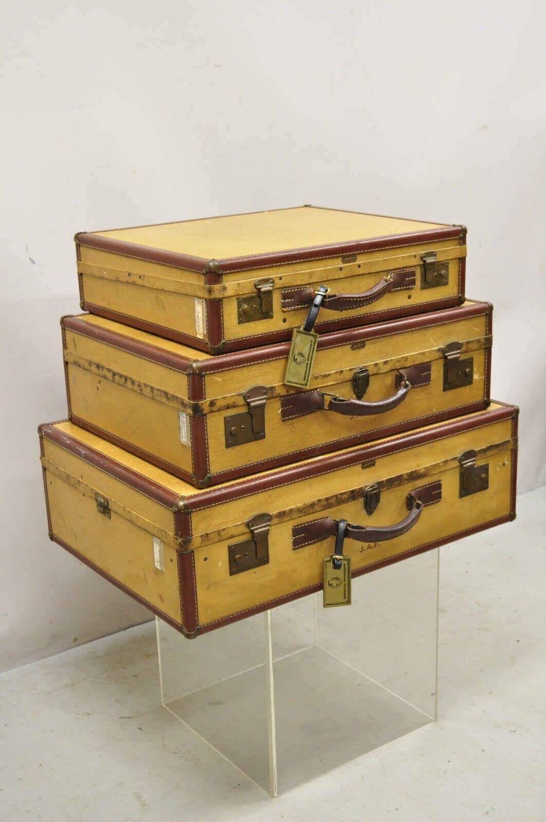 Vintage Hartman Skymate Tan Hard Case Leather Suitcase Luggage - 3 Pc Set. Item features 