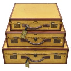 Vintage Hartman Skymate Tan Hard Case Leather Suitcase Luggage, 3 Pc Set