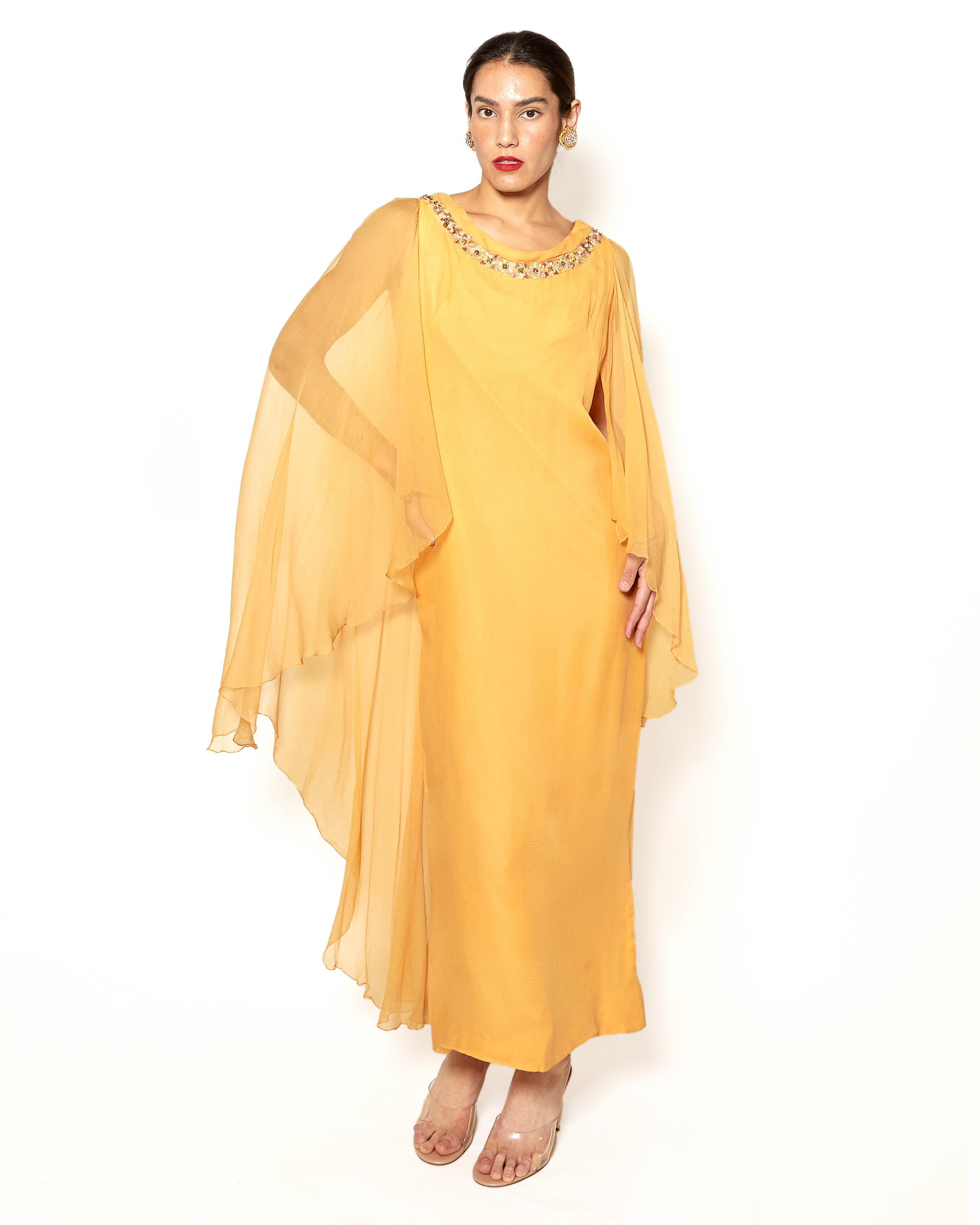 Vintage Hartnell 1960's Sherbert Dress w/ Ornamented Neckline In Good Condition For Sale In Los Angeles, CA