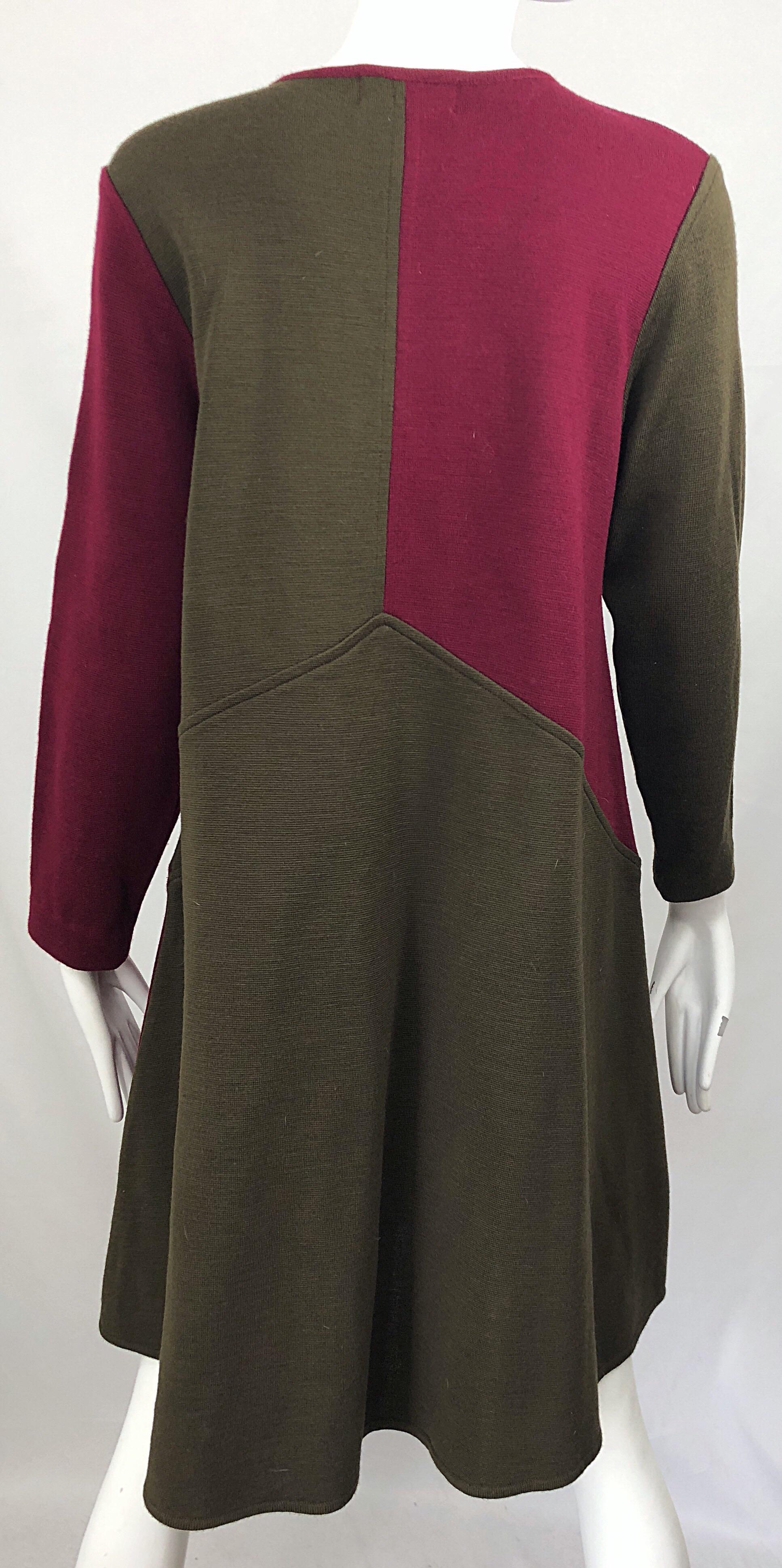 Vintage HARVE BENARD 1960s Style Maroon Burgundy + Brown Knit Wool Swing Dress 5