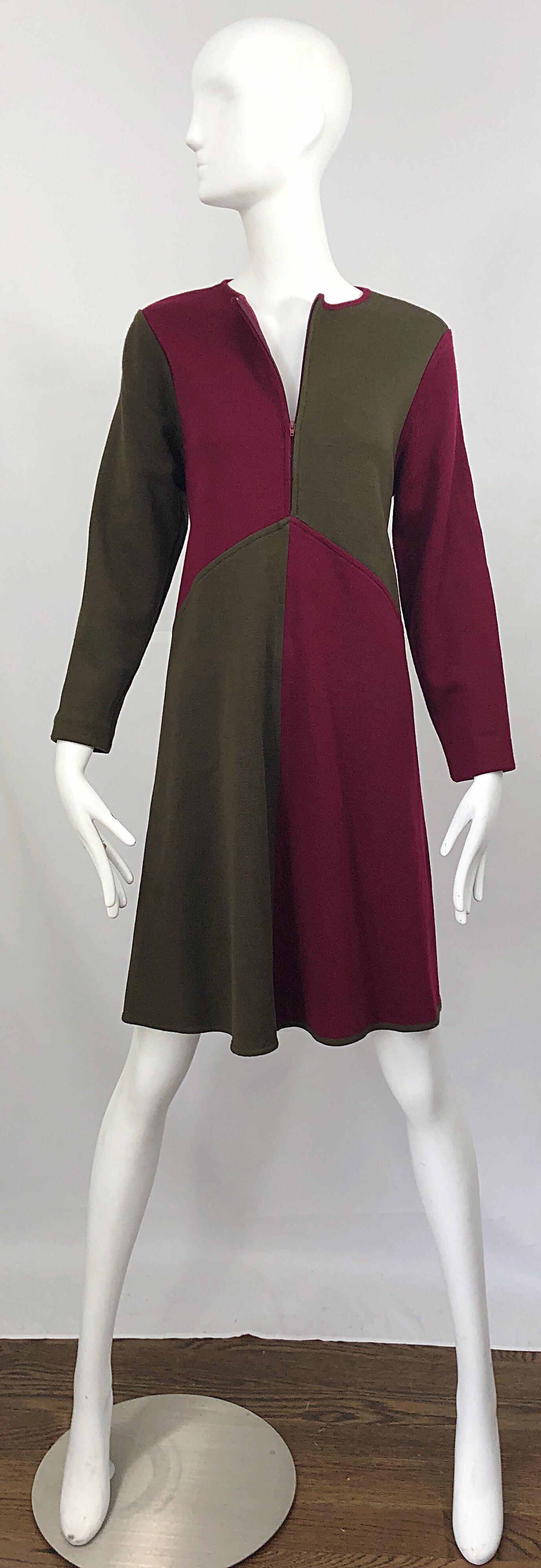 Vintage Harve Benard 1960s Style Maroon Burgundy + Brown Knit Wool Swing Dress For Sale 3