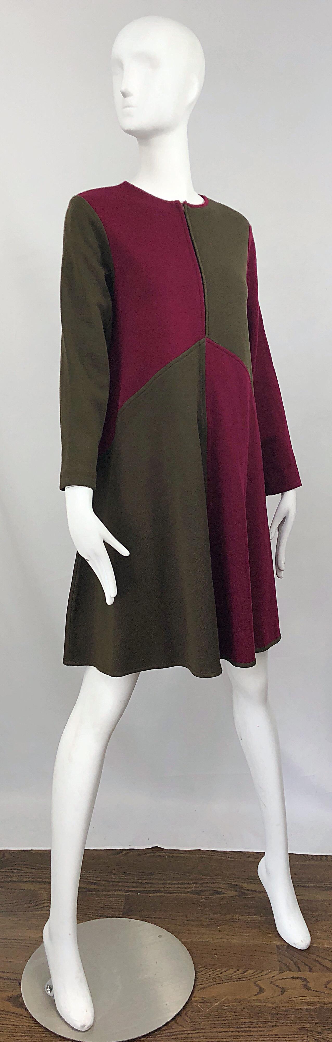Vintage HARVE BENARD 1960s Style Maroon Burgundy + Brown Knit Wool Swing Dress 7
