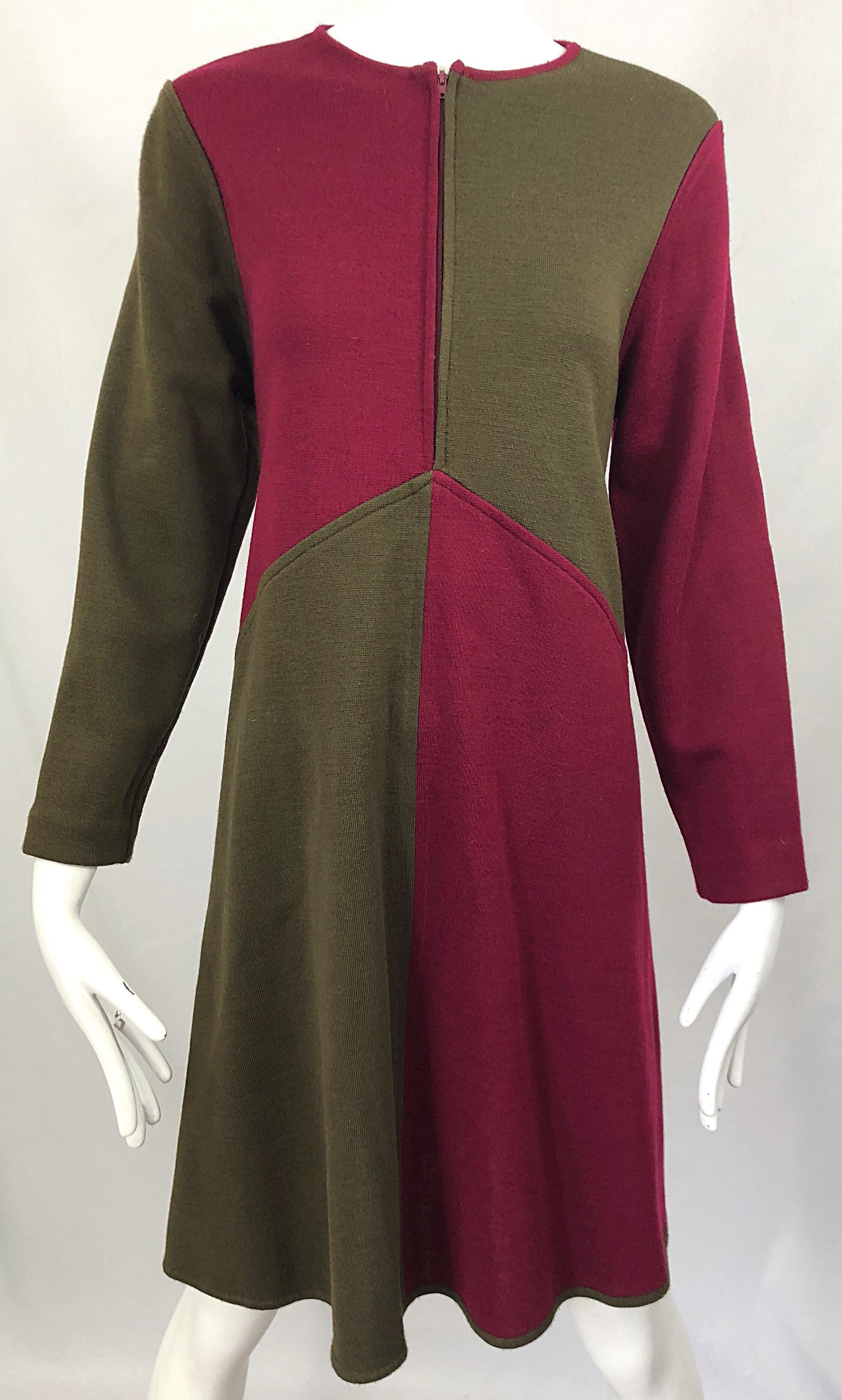 Vintage HARVE BENARD 1960s Style Maroon Burgundy + Brown Knit Wool Swing Dress 8