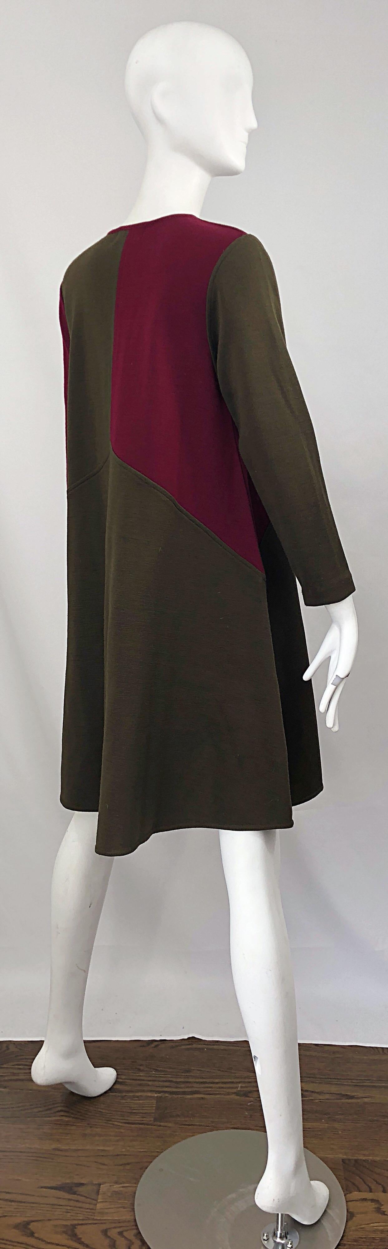 Vintage HARVE BENARD 1960s Style Maroon Burgundy + Brown Knit Wool Swing Dress 9