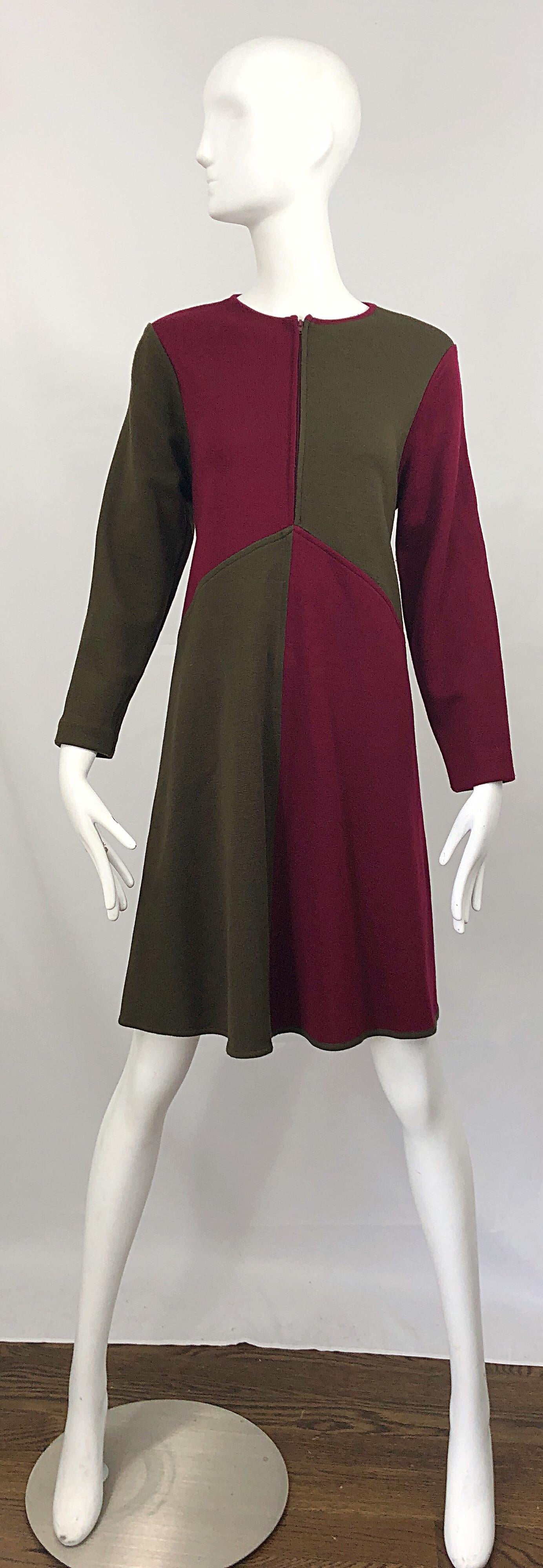 Vintage HARVE BENARD 1960s Style Maroon Burgundy + Brown Knit Wool Swing Dress 10