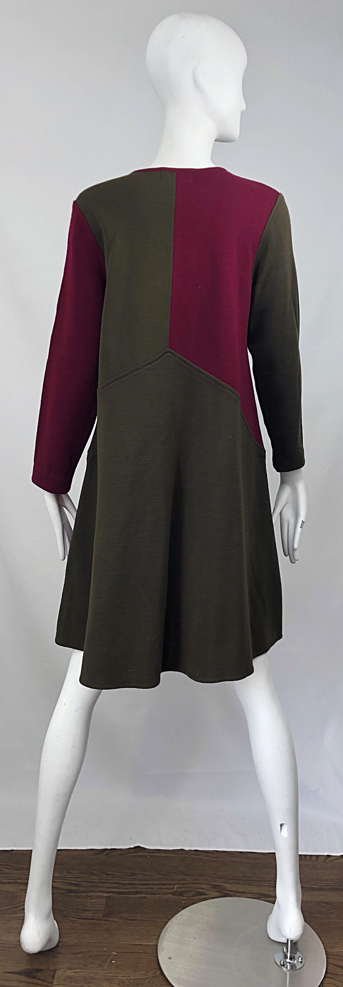 Rouge Vintage HARVE BENARD 1960s Style Maroon Burgundy + Brown Knit Wool Swing Dress