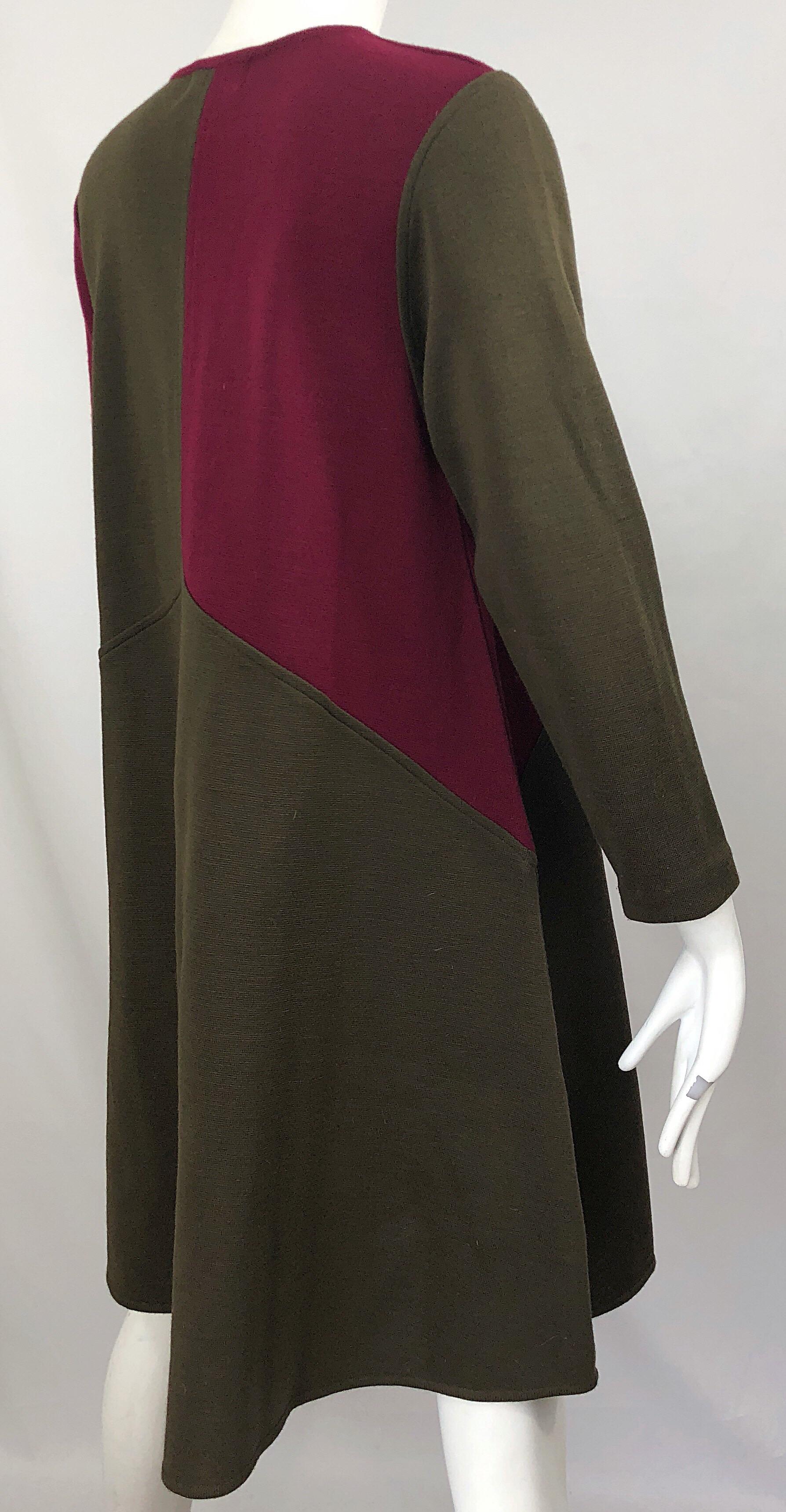 Vintage HARVE BENARD 1960s Style Maroon Burgundy + Brown Knit Wool Swing Dress 1
