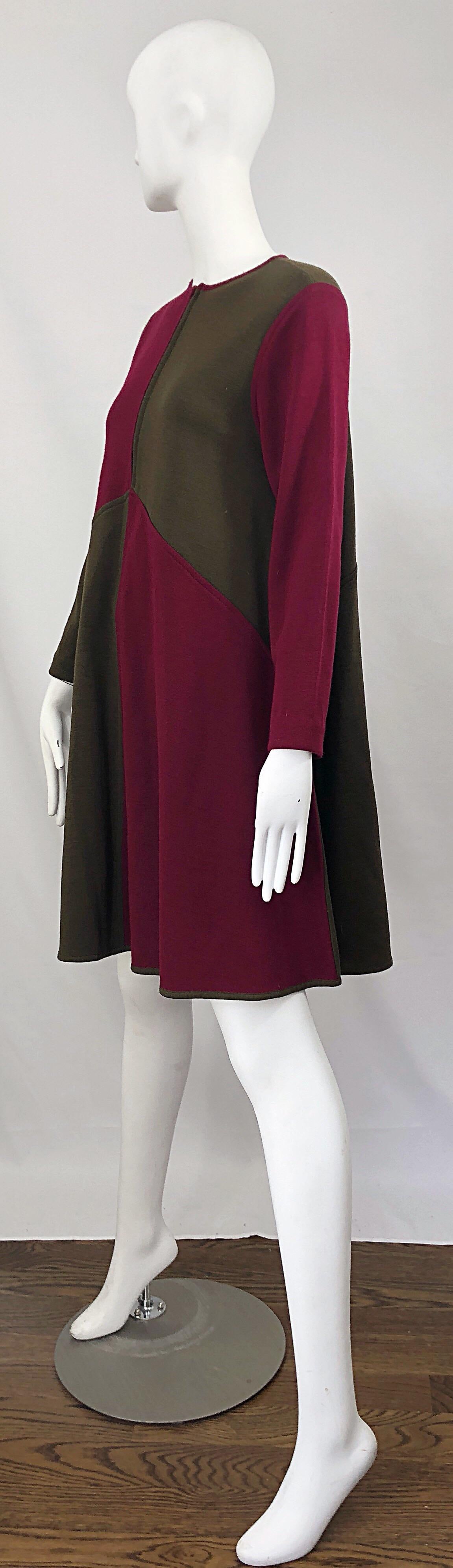 Women's Vintage Harve Benard 1960s Style Maroon Burgundy + Brown Knit Wool Swing Dress For Sale