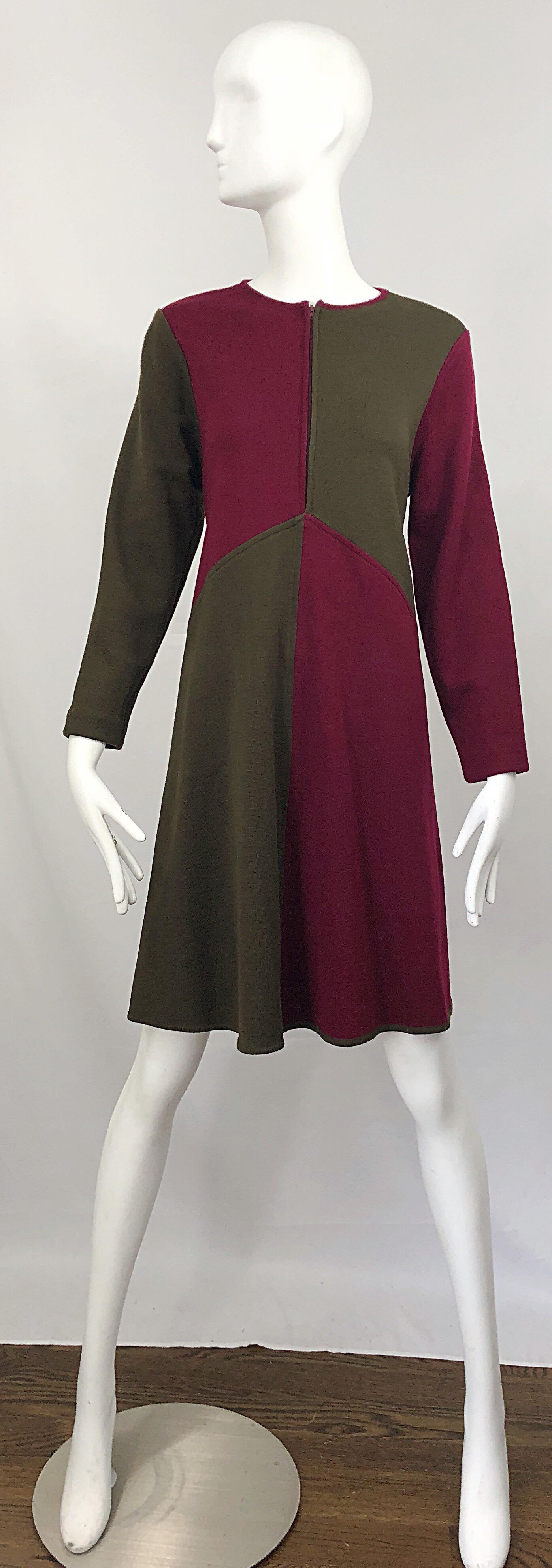 Vintage Harve Benard 1960s Style Maroon Burgundy + Brown Knit Wool Swing Dress For Sale 1