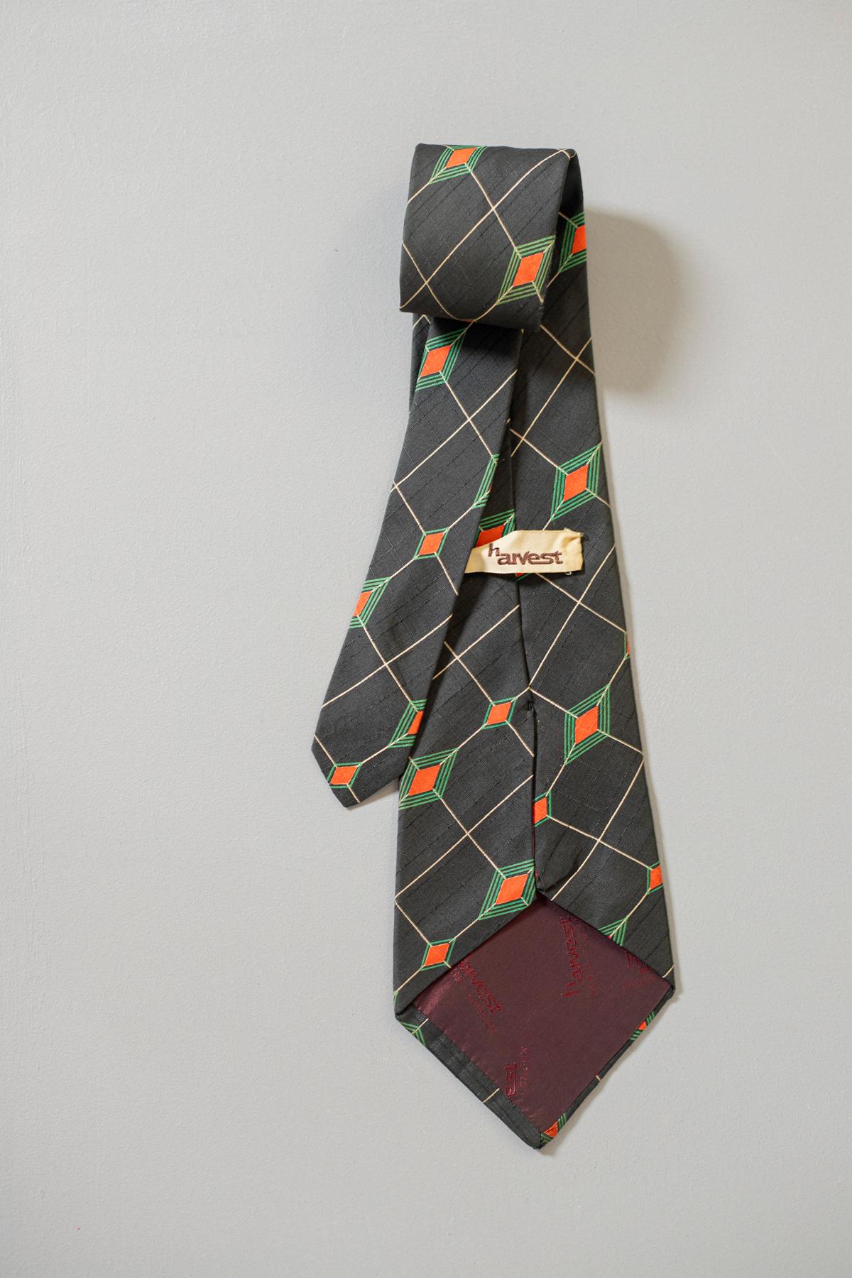 Black Vintage Harvest 100% silk black tie with small red rhombuses  For Sale