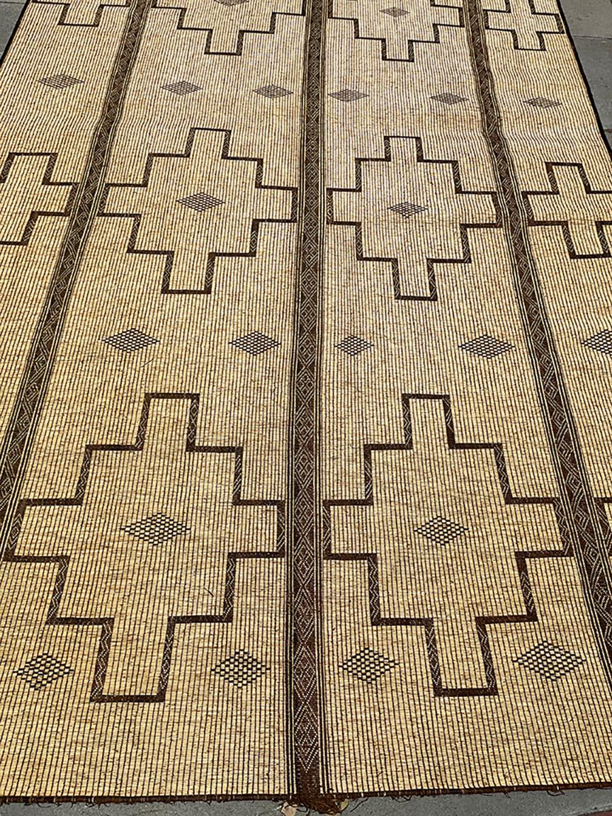 Organic Modern Vintage Hassira Tuareg Mat Made of Reed and Camel Leather For Sale