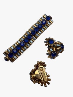 Vintage Hattie Carnegie Blue Rhinestone Bracelet and Clip-on Earrings Set, 1960s