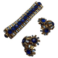 Vintage Hattie Carnegie Blue Rhinestone Bracelet and Clip-on Earrings Set, 1960s