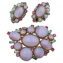 Vintage Hattie Carnegie Blush Lilac Green Color Brooch and Earrings 1950's