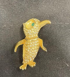 Vintage Hattie Carnegie Designer Signed Crystal Golden Penguin Brooch Pin