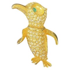Vintage Hattie Carnegie Designer Signed Crystal Golden Penguin Brooch Pin