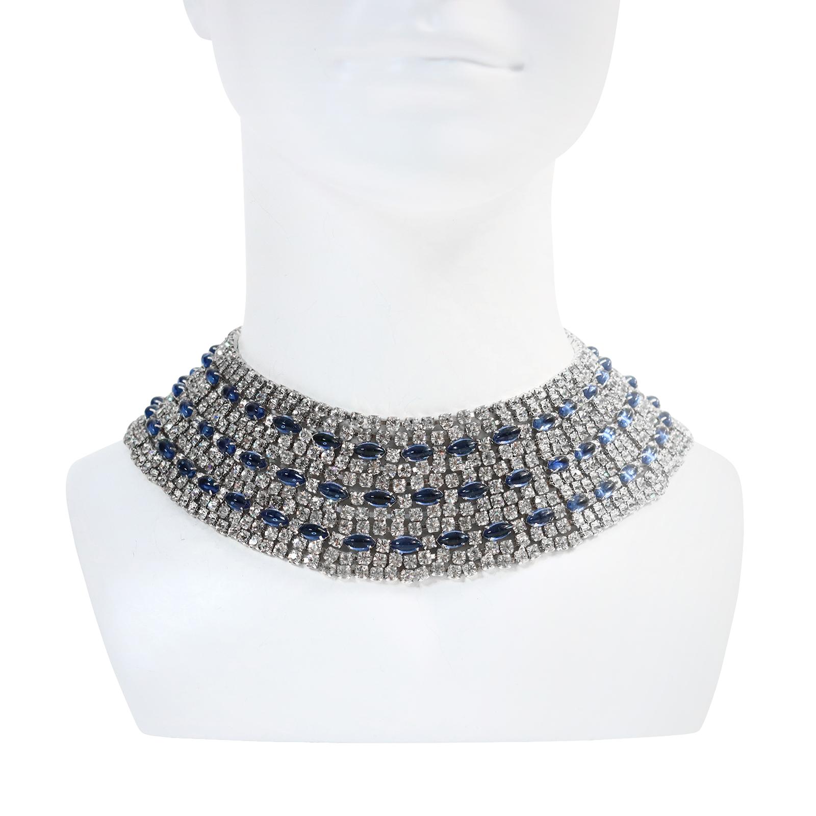 Vintage Hattie Carnegie Diamante and Sapphire Blue Cabochon Wide Collar Necklace Circa 1960s. Gorgeous Piece from the 1960s. This is truly such a beautiful piece.  I have some smaller pieces that are lovely in gold and silver but this one just has a