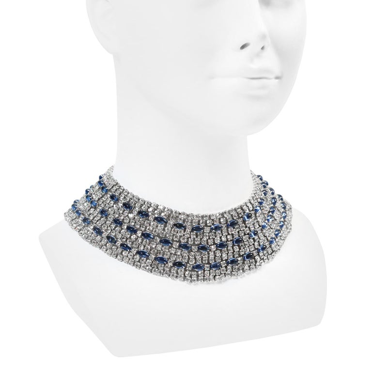 Artist Vintage Hattie Carnegie Diamante and Sapphire Blue Wide Collar Necklace For Sale