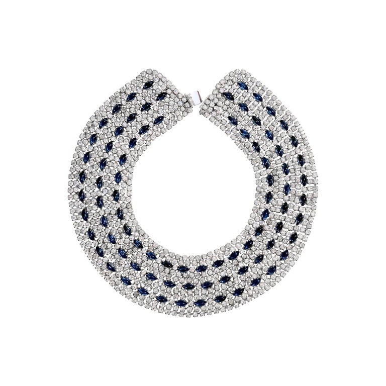 Vintage Hattie Carnegie Diamante and Sapphire Blue Wide Collar Necklace In Excellent Condition For Sale In New York, NY