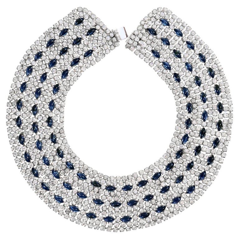 Women's or Men's Vintage Hattie Carnegie Diamante and Sapphire Blue Wide Collar Necklace For Sale
