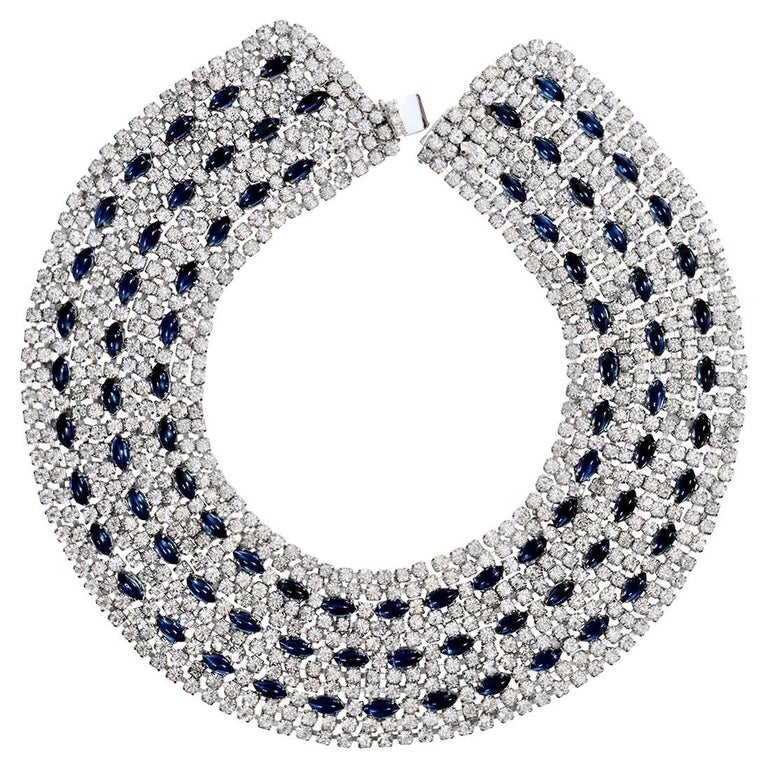 Vintage Hattie Carnegie Diamante and Sapphire Blue Wide Collar Necklace For Sale