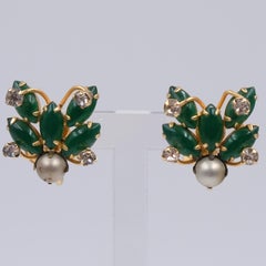 Vintage Hattie Carnegie Earrings with Green Glass And Faux Pearls 1960's