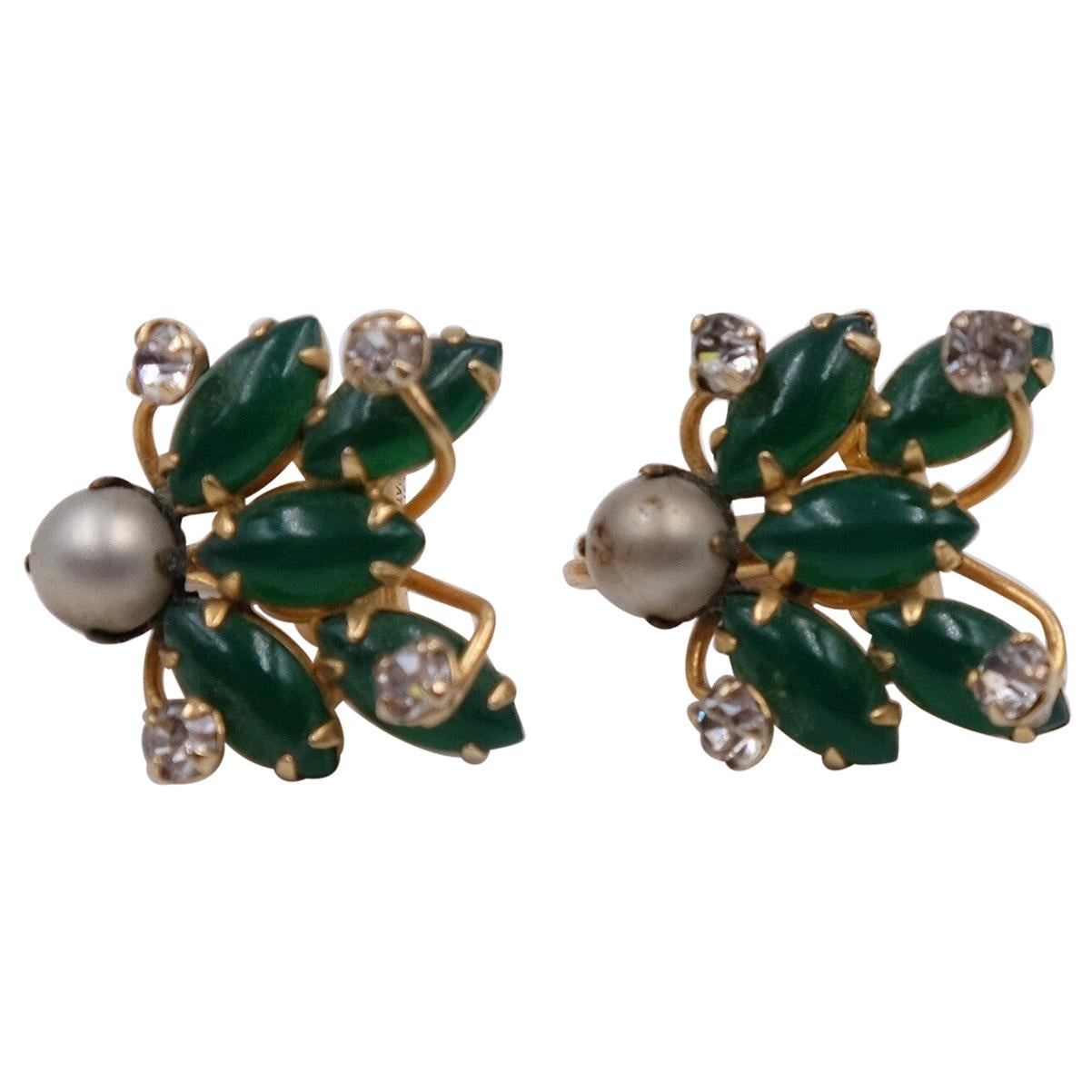 Vintage Hattie Carnegie Earrings with Green Glass And Faux Pearls 1960's For Sale