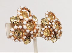 Vintage Hattie Carnegie Ohrclips aus Weißem Strass und Kunstkristall mit Kristall-Citrine und Cabochon