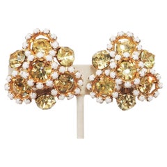 Vintage Hattie Carnegie Faux-Citrine & Cabochon White Rhinestone Clip Earrings