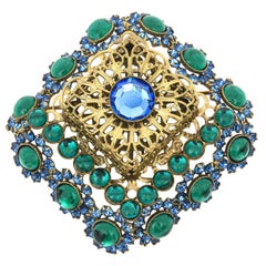 Vintage Hattie Carnegie Gilt Metal Brooch With Blue And Green Glass Stones 50's